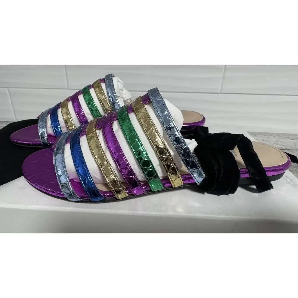 New Attico Rainbow Metallic Strappy Flat Slide on Sandals Size 35